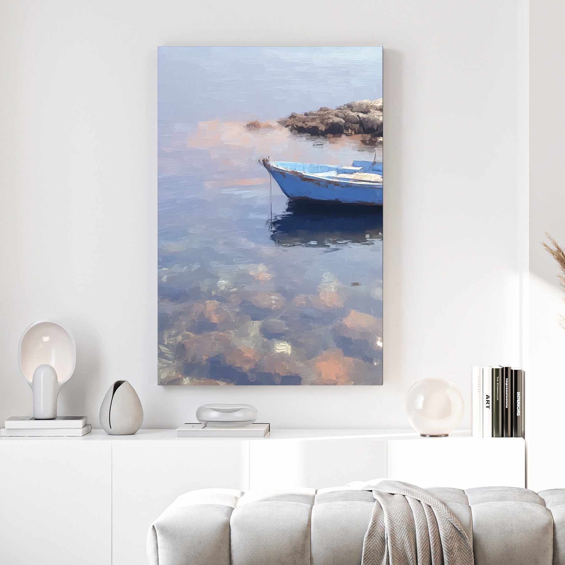 Mediterranean Blue Rowboat Coastal Painting canvas wall art print above a sofa in a contemporary living room