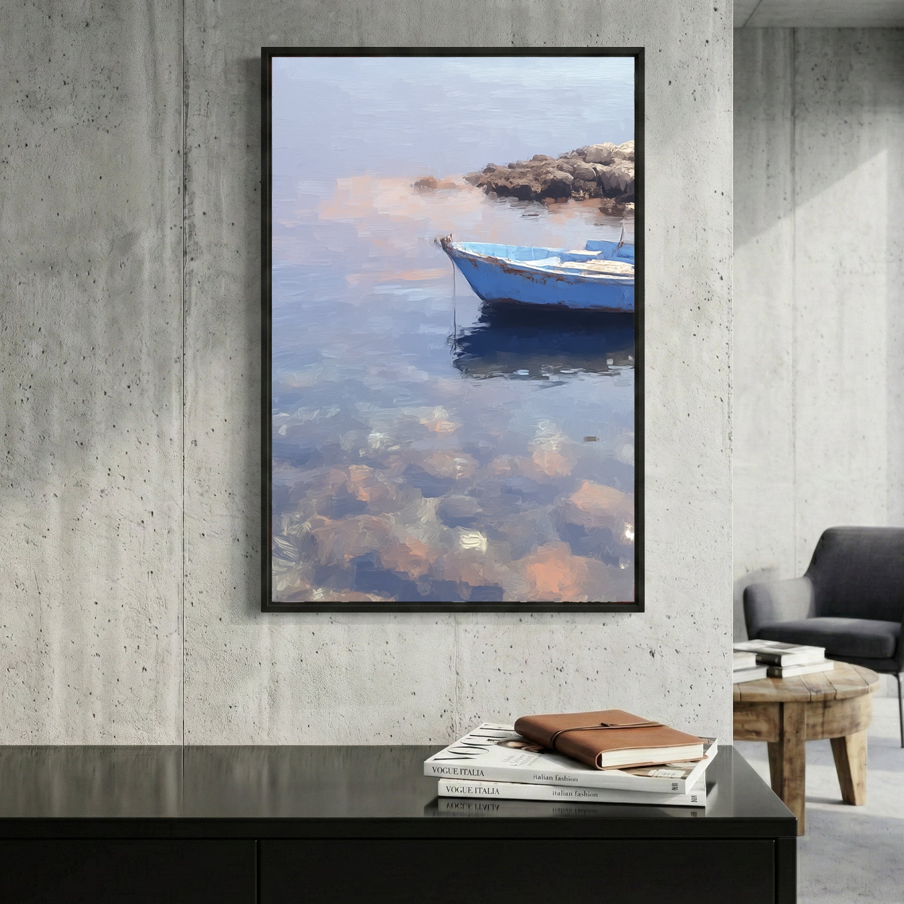 Mediterranean Blue Rowboat Coastal Painting framed canvas wall art print in a gallery-style display