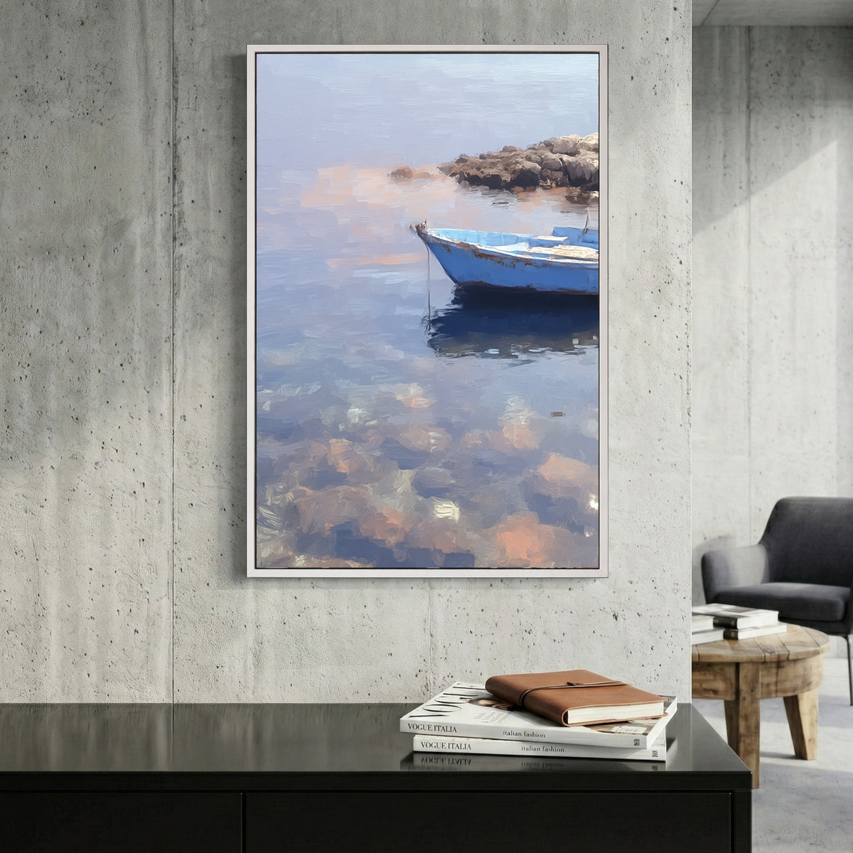 Mediterranean Blue Rowboat Coastal Painting canvas wall art print displayed in a styled living room