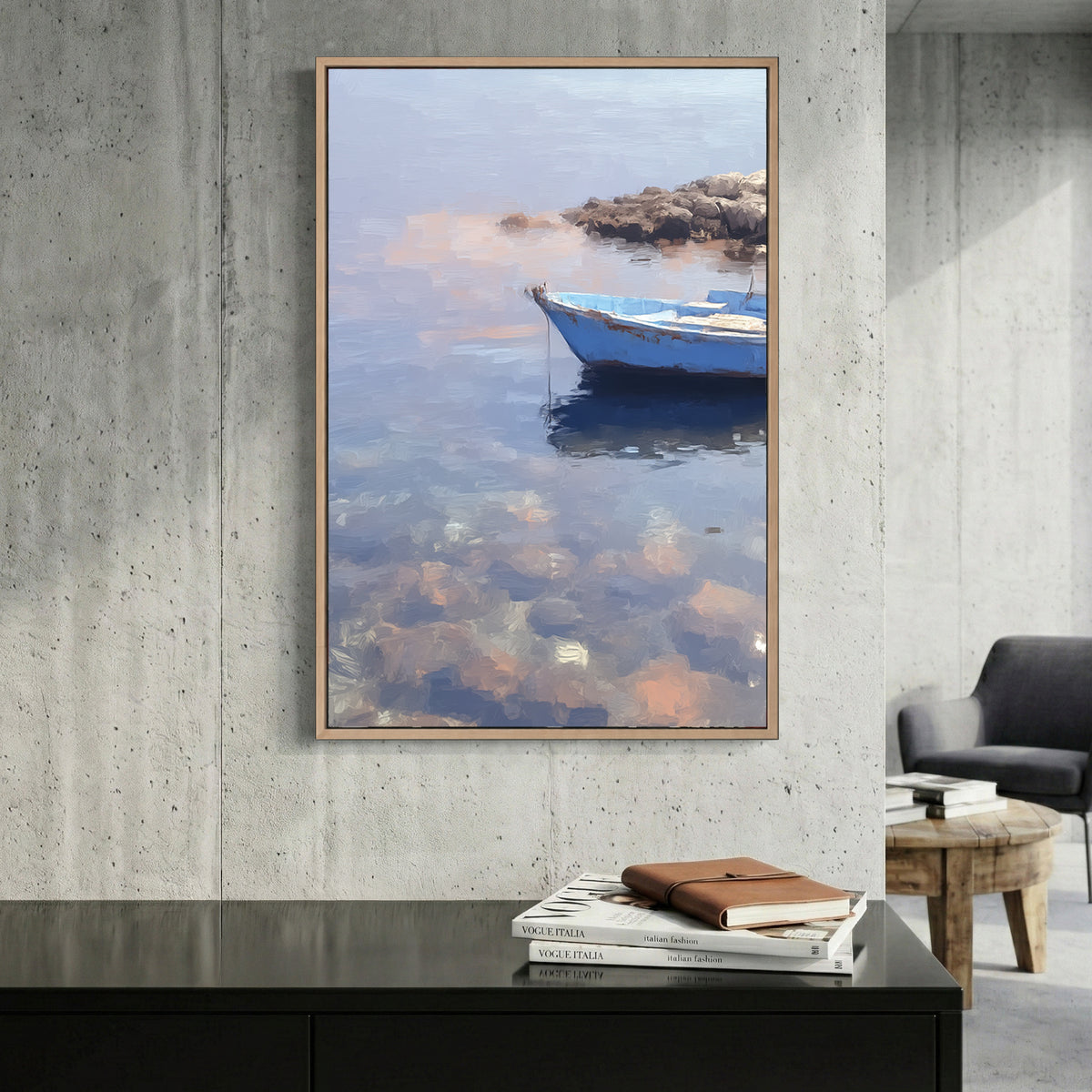 Mediterranean Blue Rowboat Coastal Painting canvas wall art print displayed in a styled living room