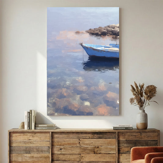Mediterranean Blue Rowboat Coastal Painting canvas wall art print displayed in a styled living room