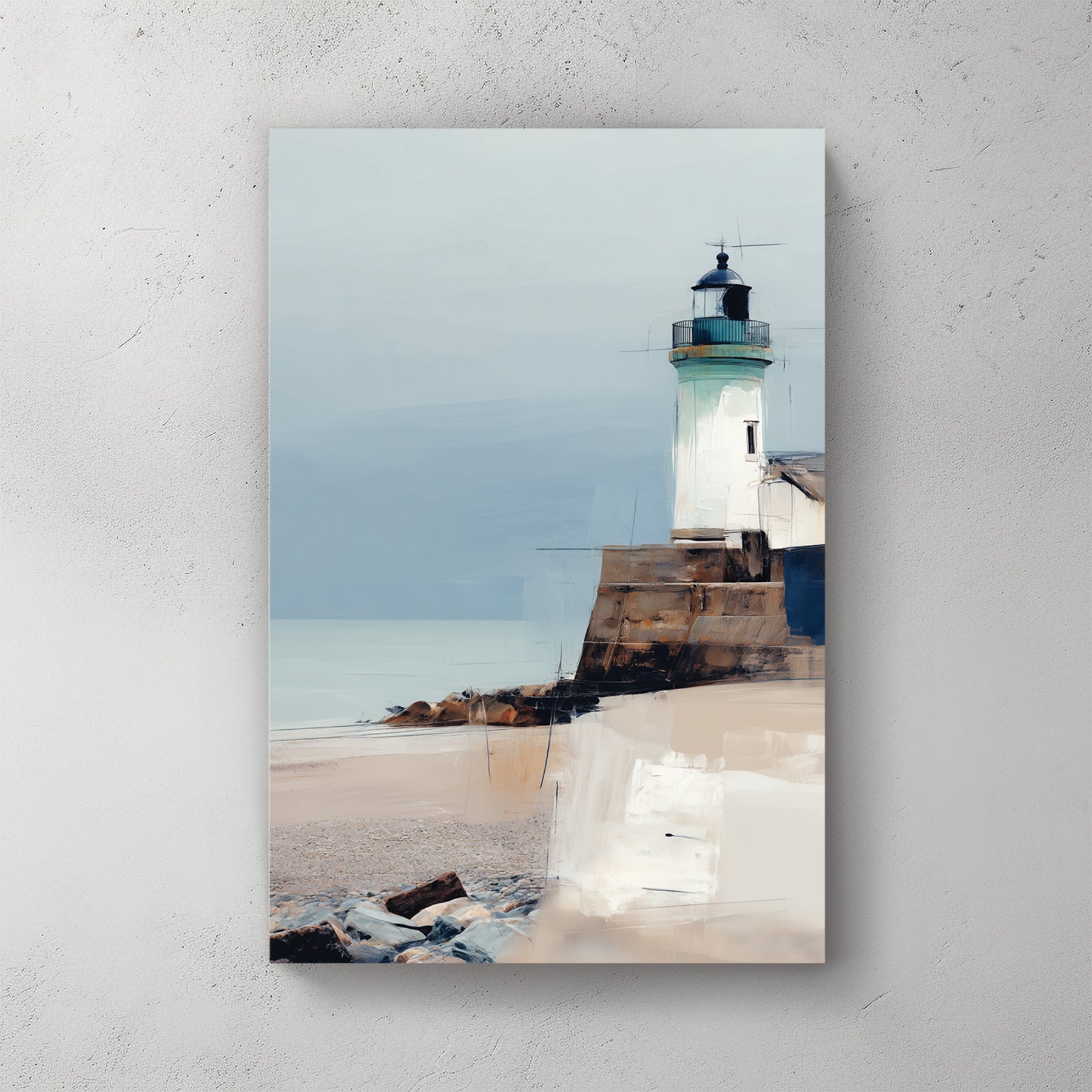 White lighthouse on rocky coast, soft watercolour and palette knife mix, beach with stones, muted blue sea and sky — canvas wall art print