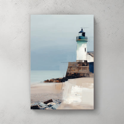 White lighthouse on rocky coast, soft watercolour and palette knife mix, beach with stones, muted blue sea and sky — canvas wall art print