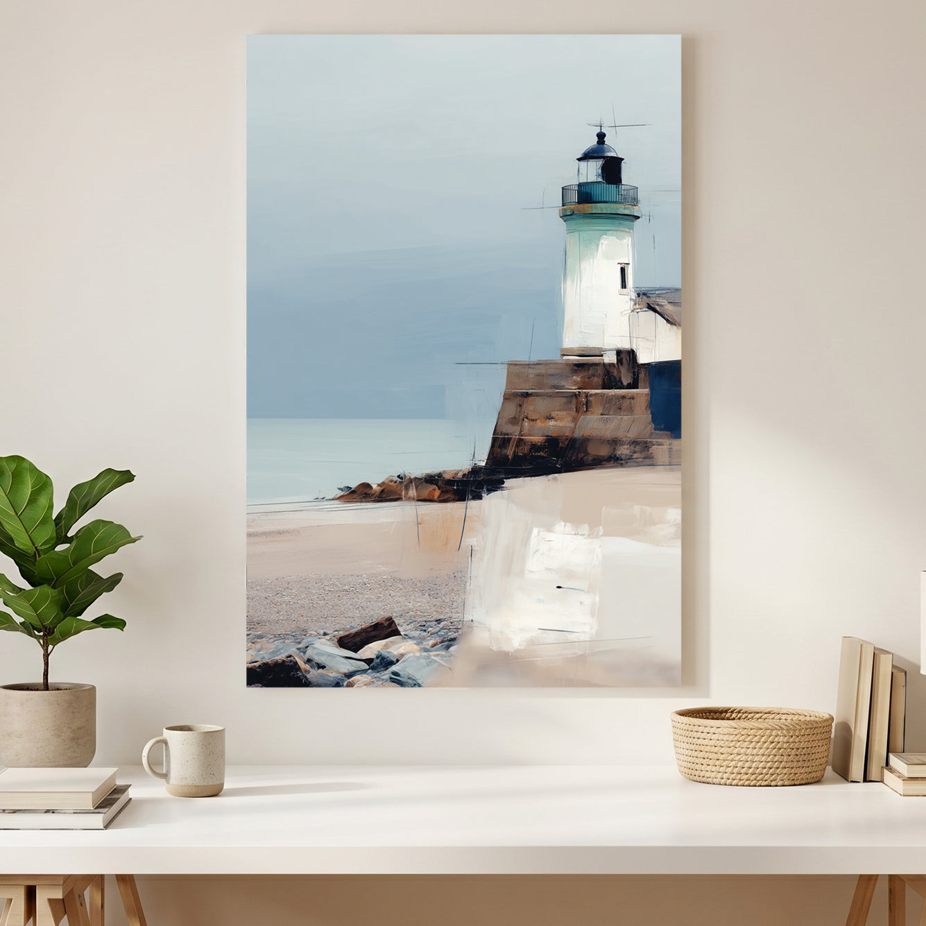 Coastal Lighthouse Beach Painting canvas wall art print styled in a modern interior