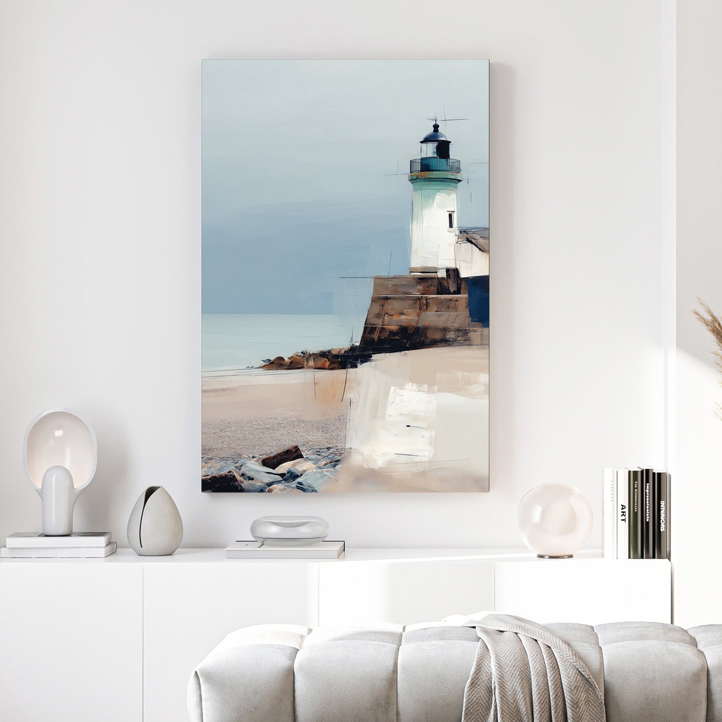 Coastal Lighthouse Beach Painting canvas wall art print above a sofa in a contemporary living room