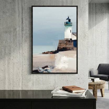 Coastal Lighthouse Beach Painting framed canvas wall art print in a gallery-style display
