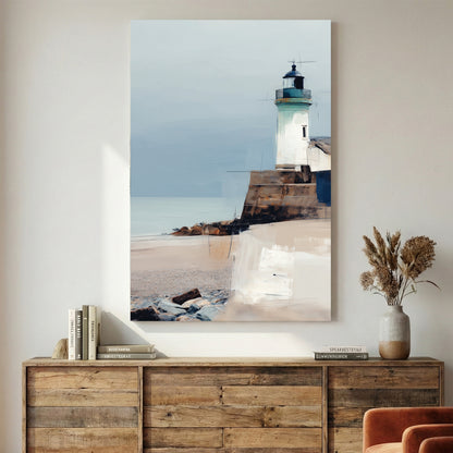 Coastal Lighthouse Beach Painting canvas wall art print displayed in a styled living room