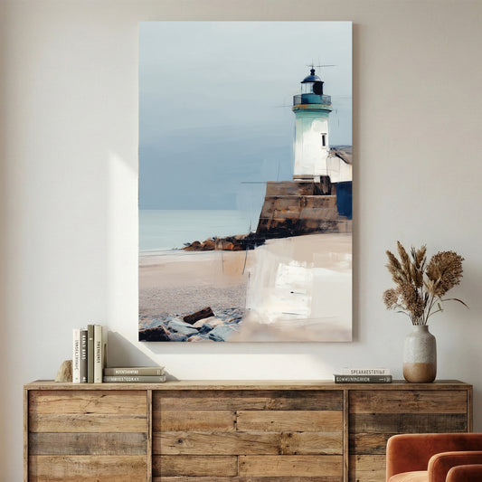 Coastal Lighthouse Beach Painting canvas wall art print displayed in a styled living room
