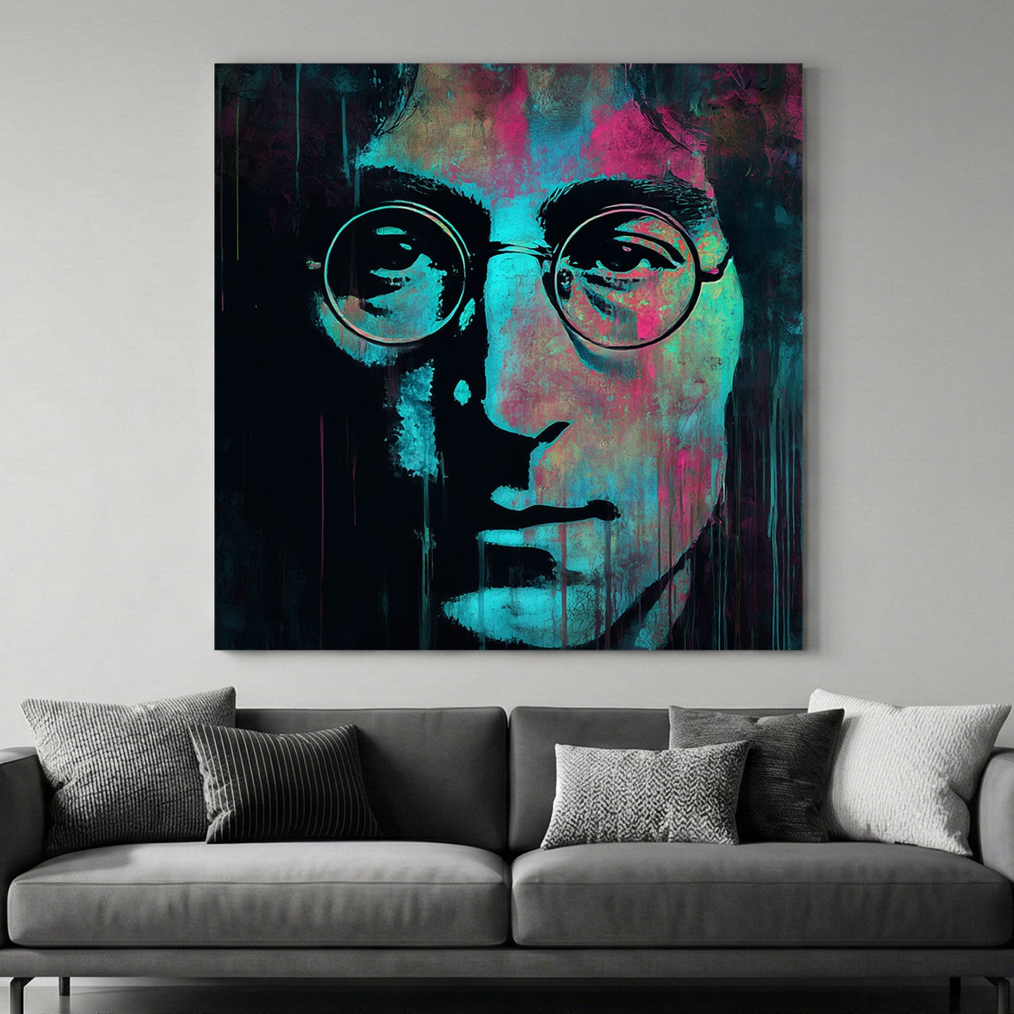 John Lennon Portrait Pop Art canvas wall art print above a sofa in a contemporary living room