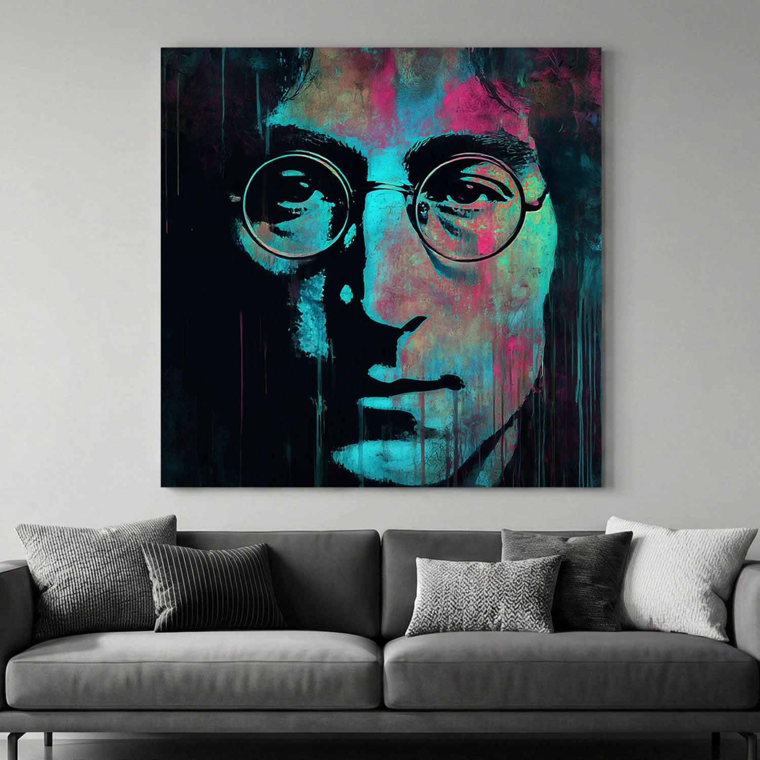 John Lennon Portrait Pop Art canvas wall art print above a sofa in a contemporary living room