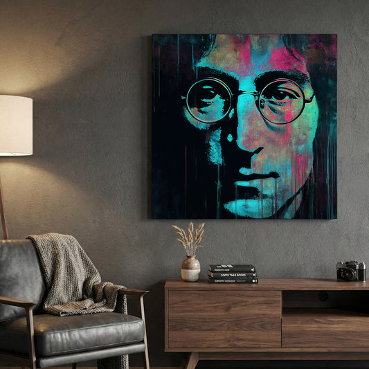 John Lennon Portrait Pop Art canvas wall art print displayed in a styled living room