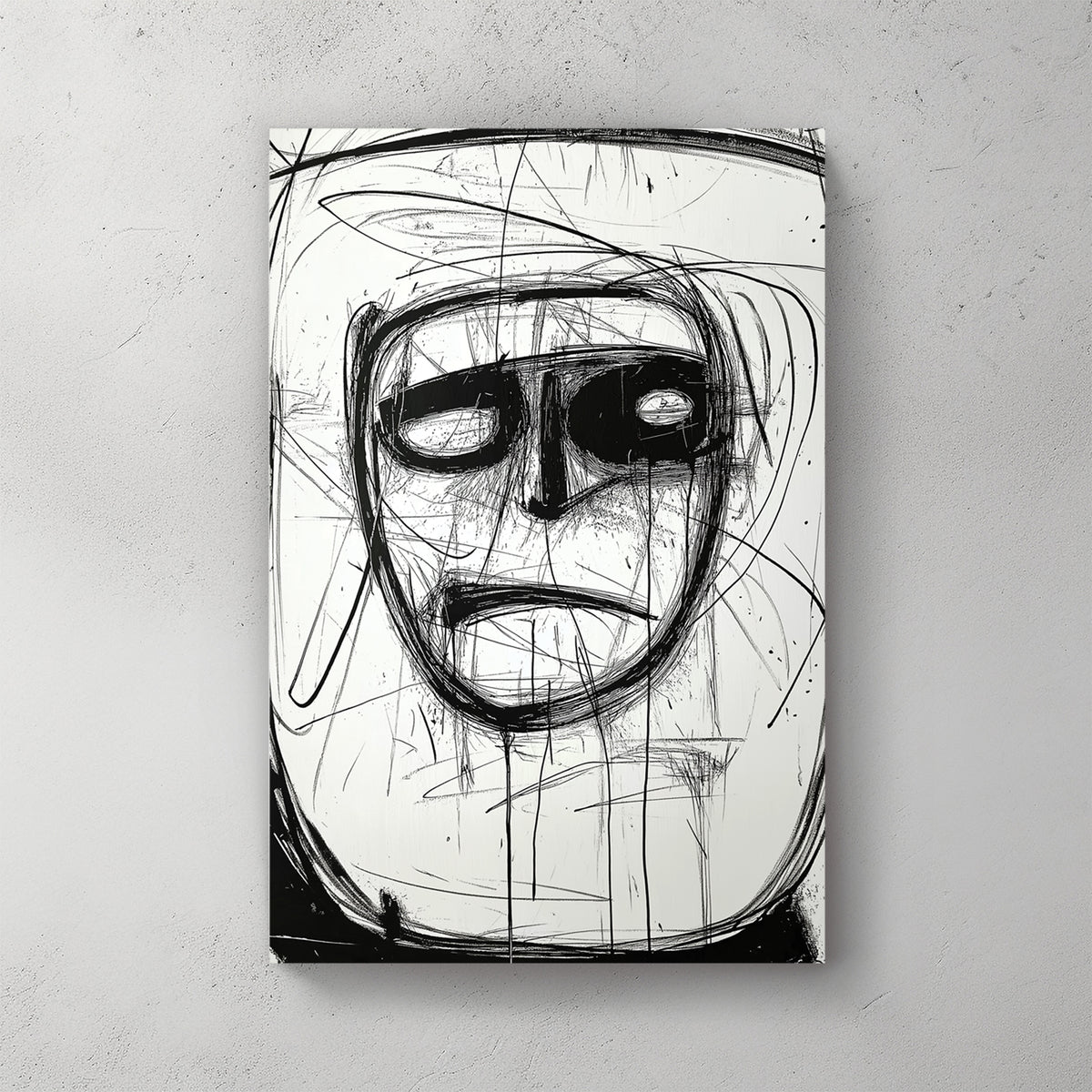 Abstract ink face, scratchy black lines, hollow eyes, white background, expressive — canvas wall art print