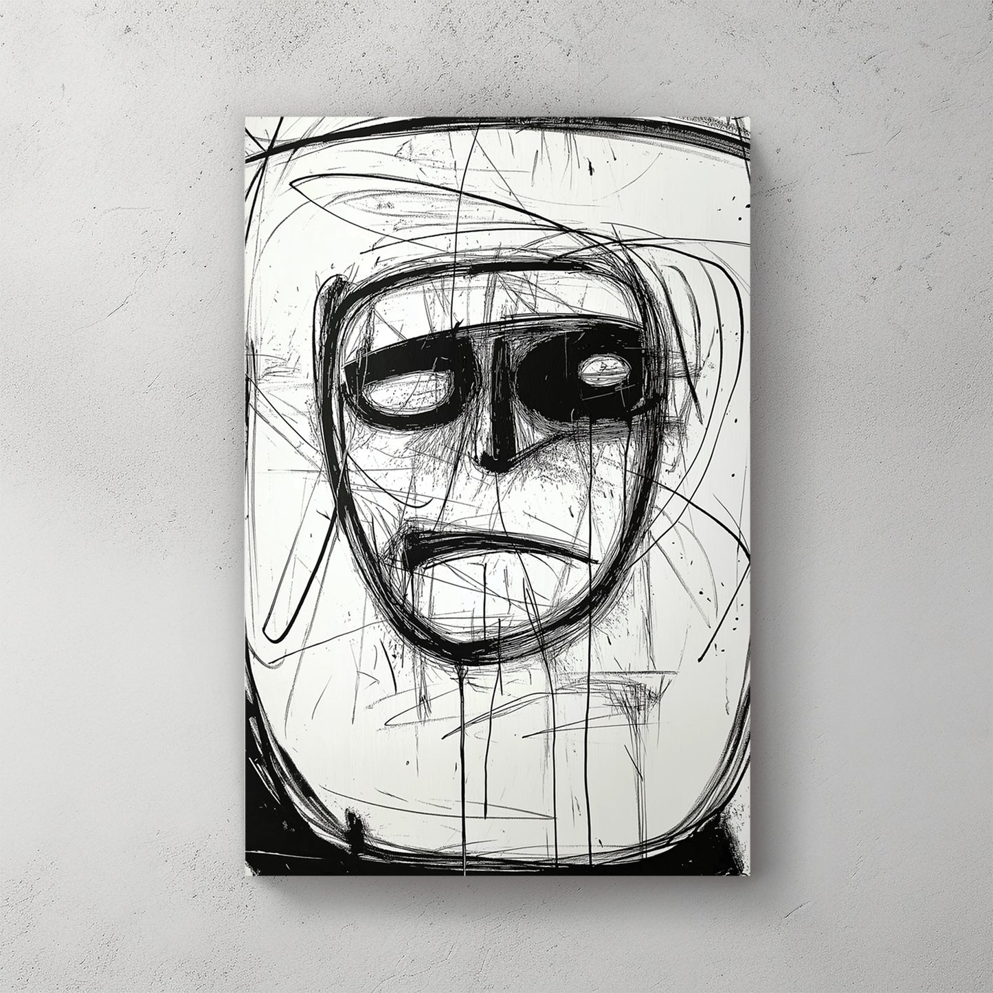 Abstract ink face, scratchy black lines, hollow eyes, white background, expressive — canvas wall art print