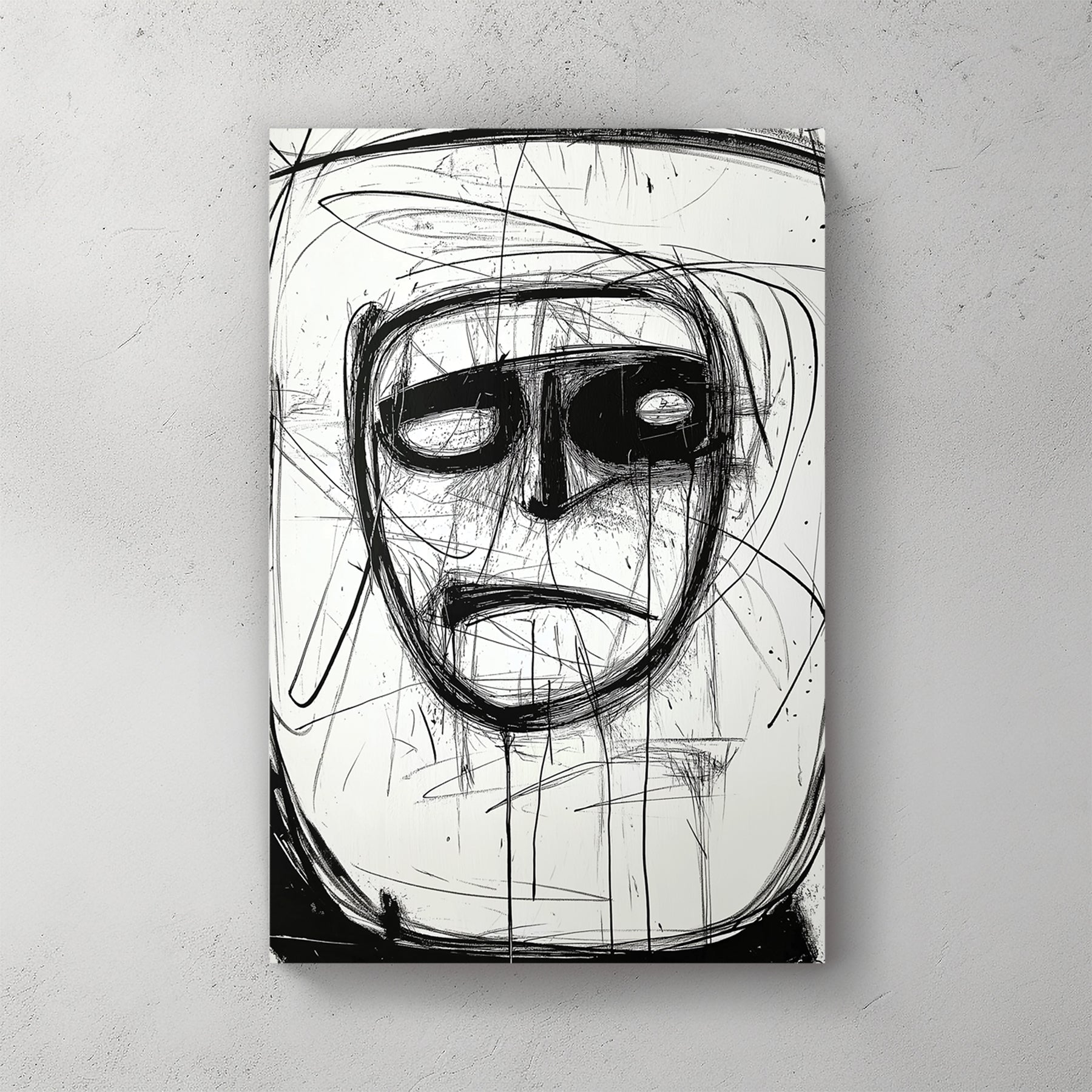 Abstract ink face, scratchy black lines, hollow eyes, white background, expressive — canvas wall art print