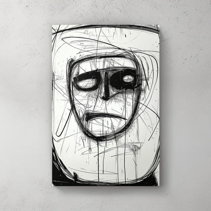 Abstract ink face, scratchy black lines, hollow eyes, white background, expressive — canvas wall art print