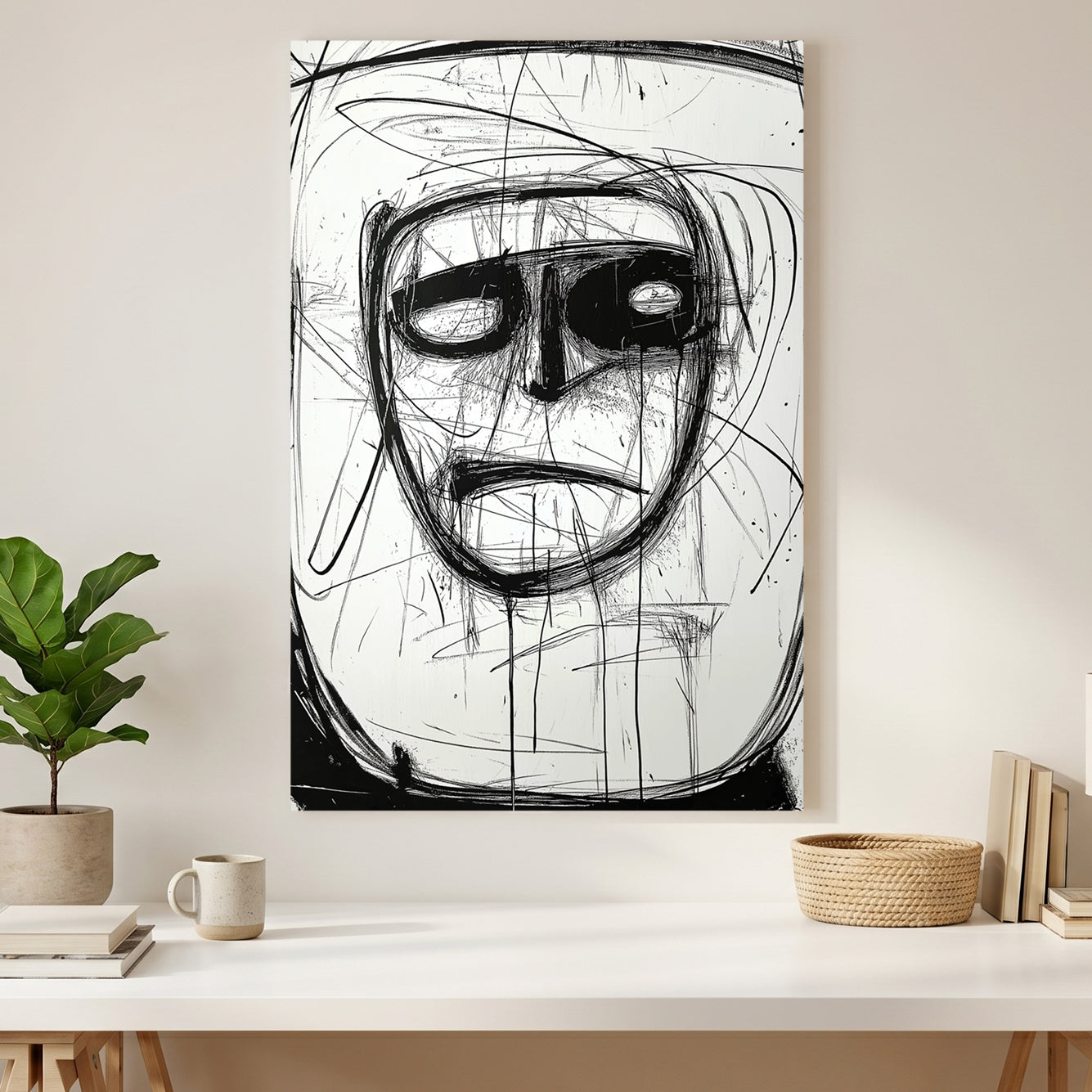 Abstract Ink Face canvas wall art print styled in a modern interior