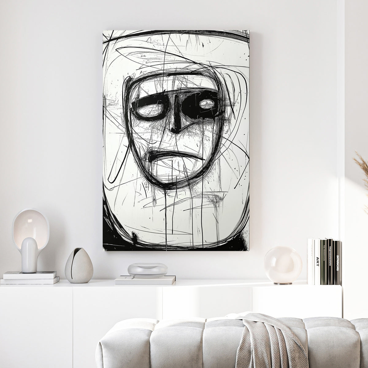 Abstract Ink Face canvas wall art print above a sofa in a contemporary living room