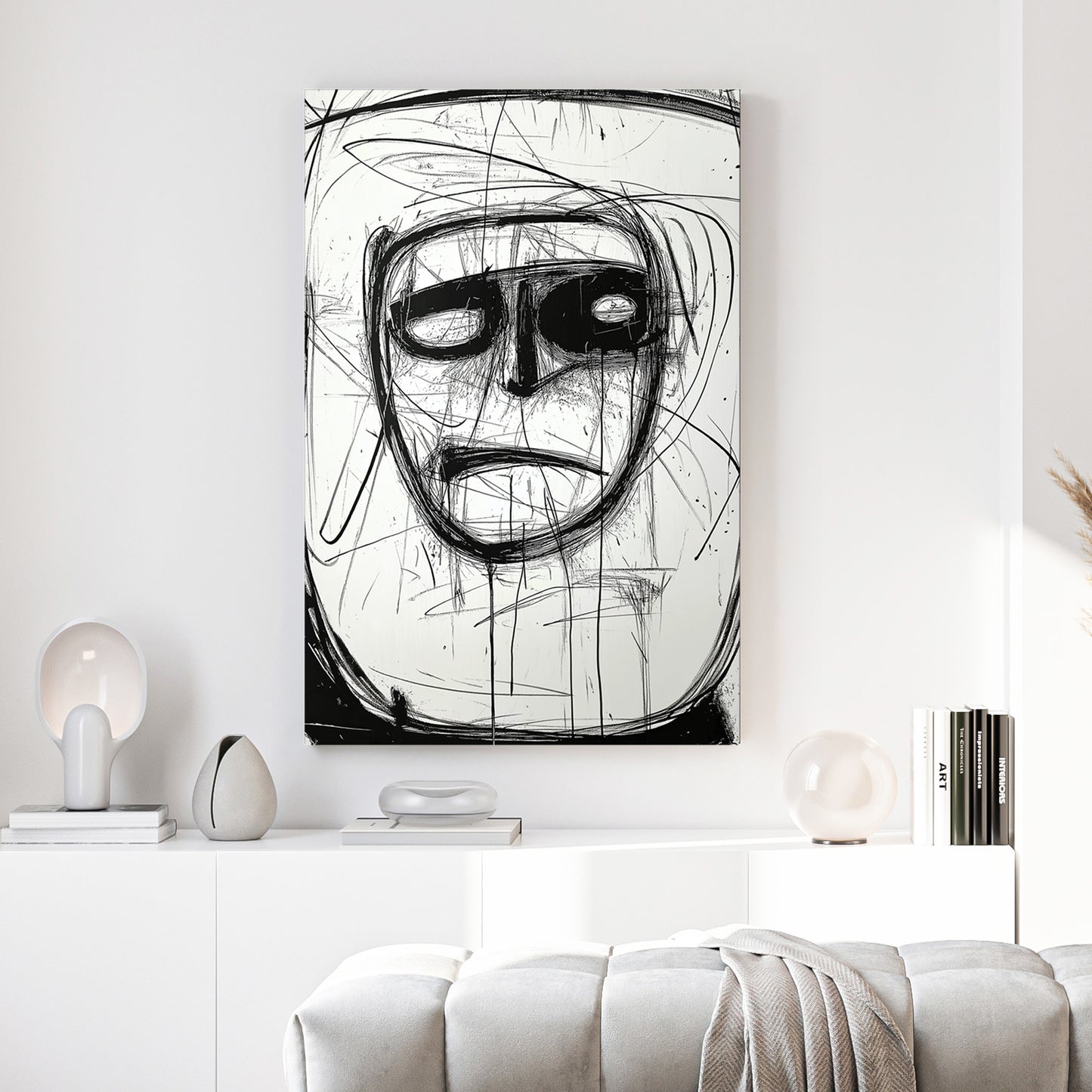 Abstract Ink Face canvas wall art print above a sofa in a contemporary living room