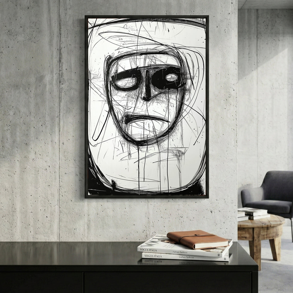 Abstract Ink Face framed canvas wall art print in a gallery-style display