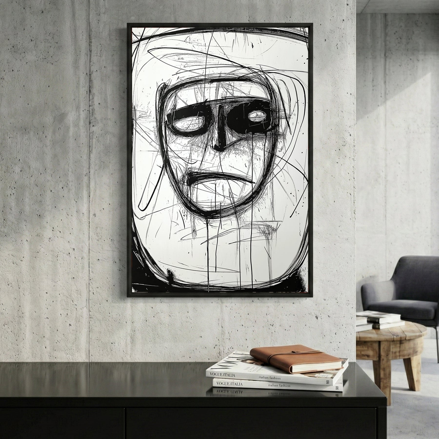 Abstract Ink Face framed canvas wall art print in a gallery-style display