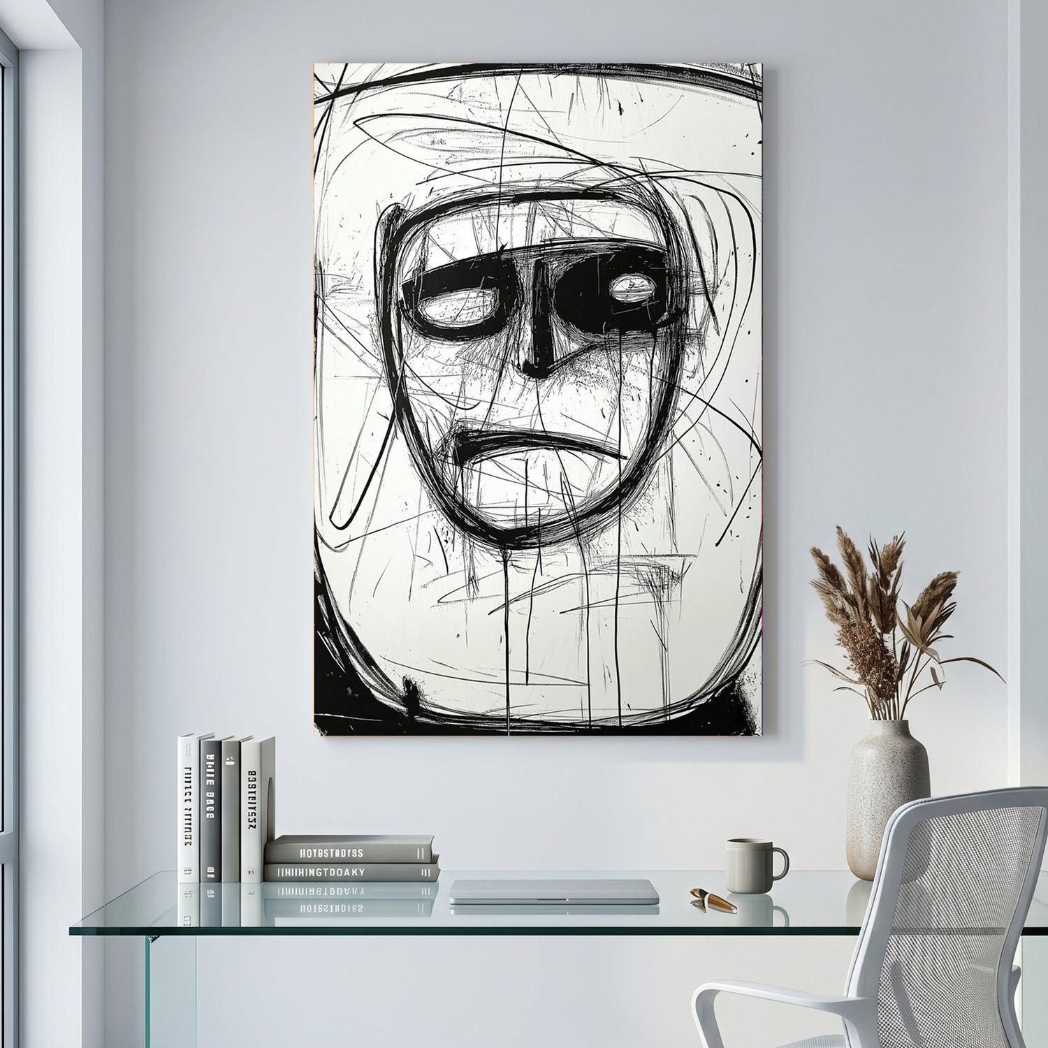 Abstract Ink Face canvas wall art print displayed in a styled living room