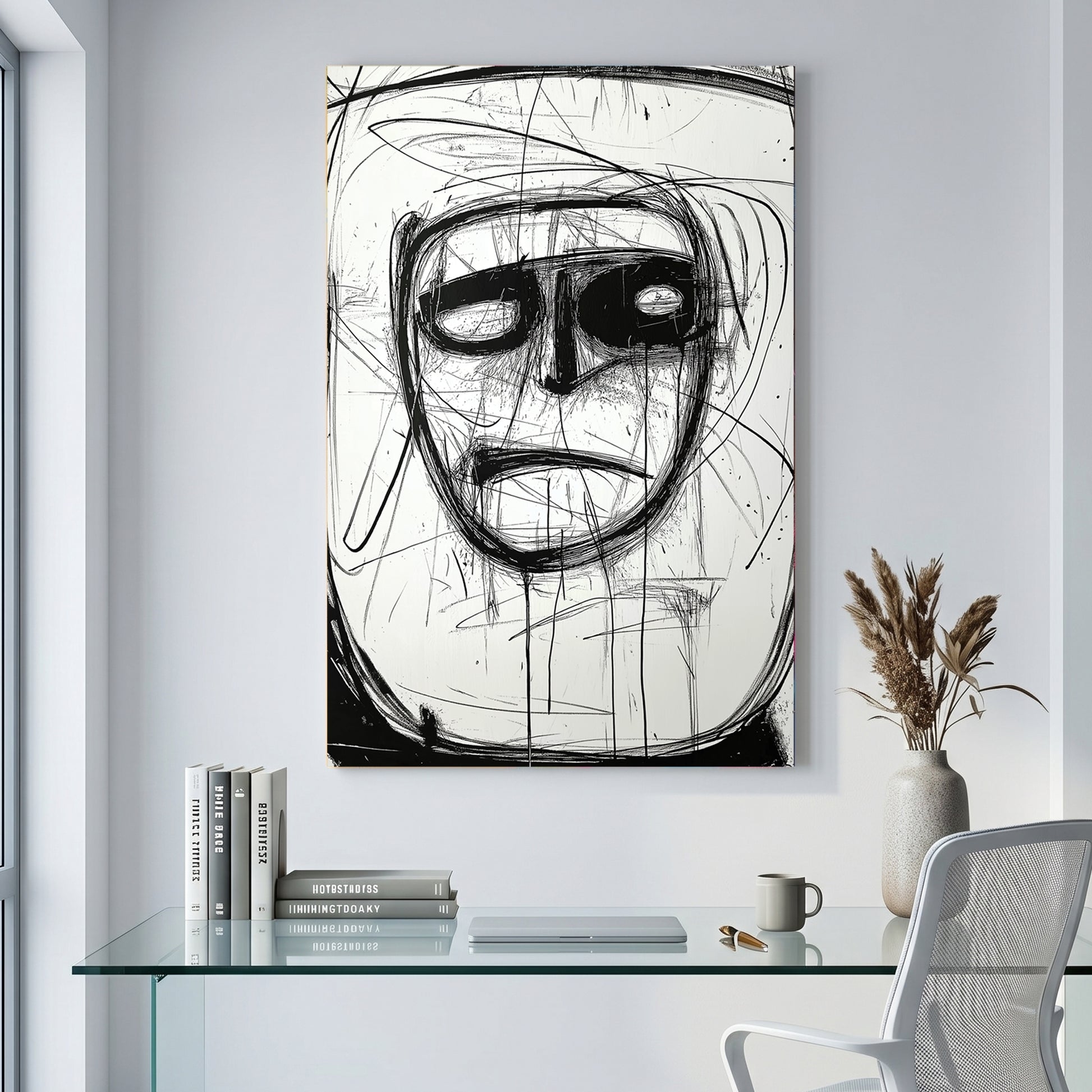 Abstract Ink Face canvas wall art print displayed in a styled living room
