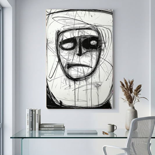 Abstract Ink Face canvas wall art print displayed in a styled living room