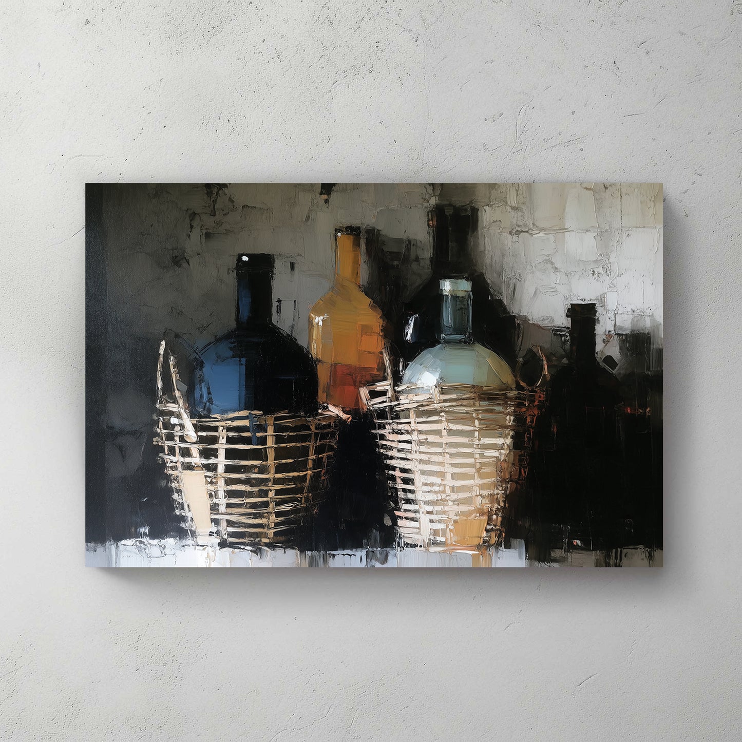 Row of Italian fiaschi (straw-wrapped wine bottles) in amber, blue, and dark glass tones, oil painting style with thick palette knife texture, moody dark grey background — canvas wall art print