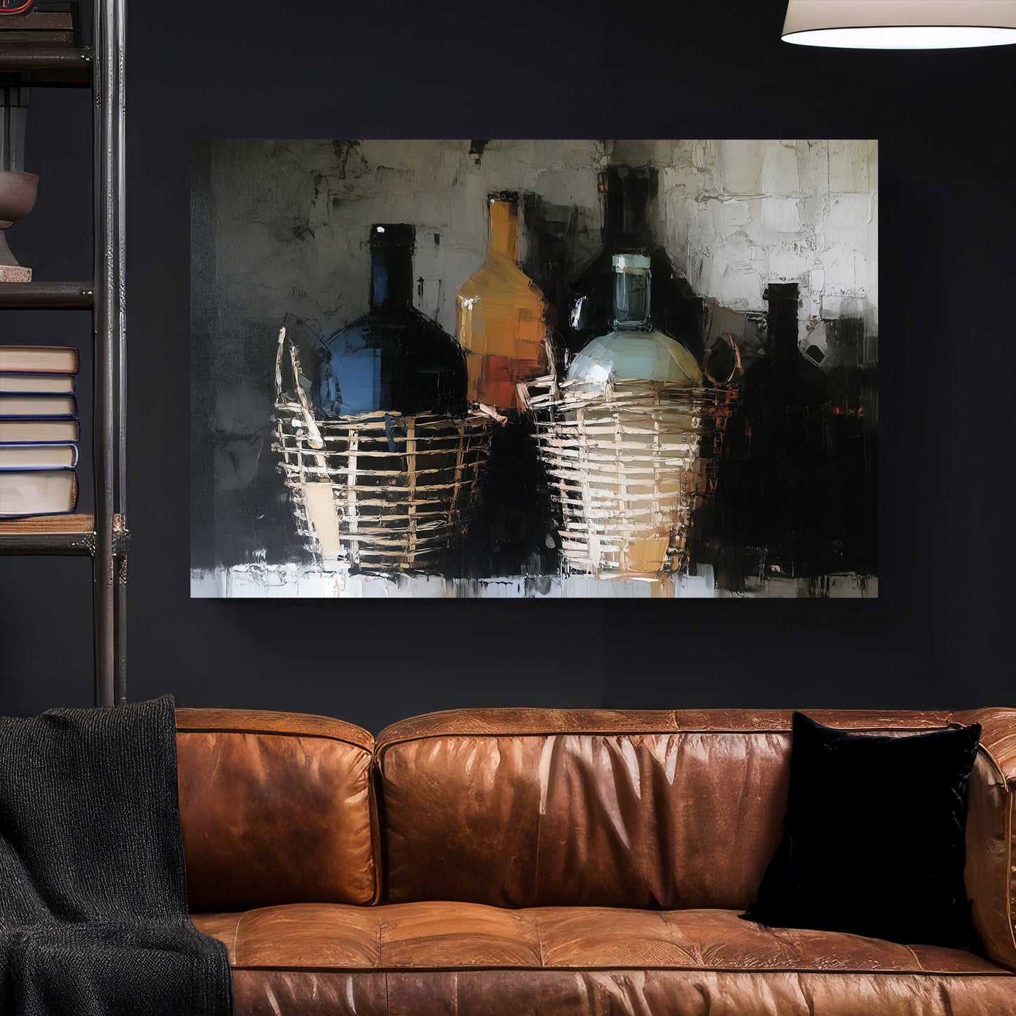 Italian Fiaschi Wine Bottle Oil Painting canvas wall art print styled in a modern interior
