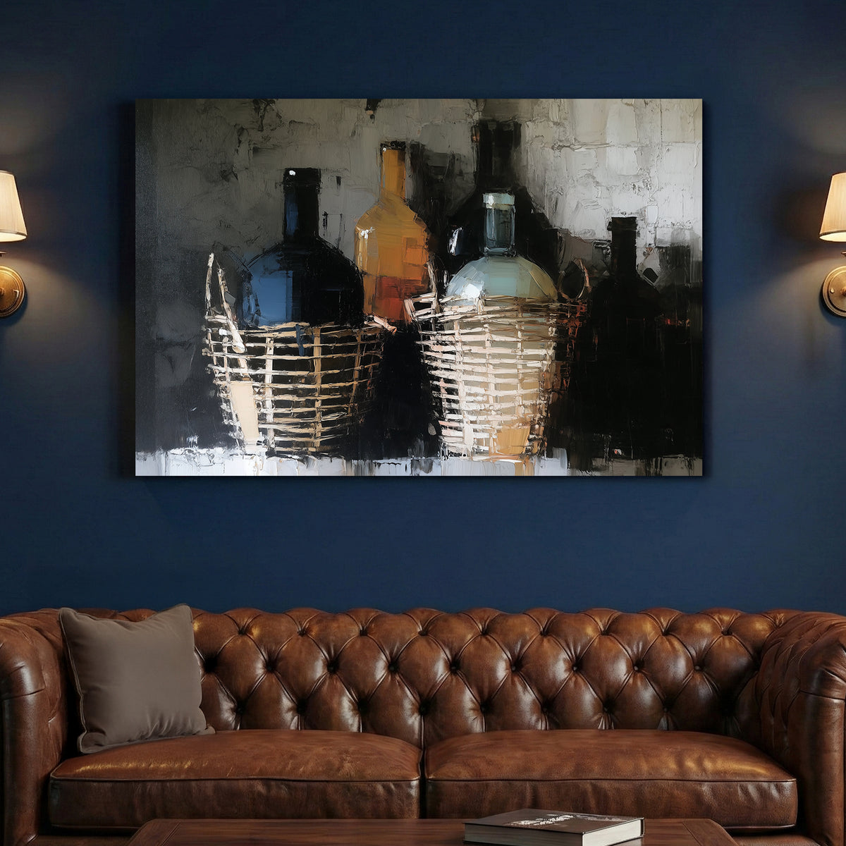 Italian Fiaschi Wine Bottle Oil Painting canvas wall art print above a sofa in a contemporary living room