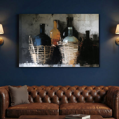Italian Fiaschi Wine Bottle Oil Painting canvas wall art print above a sofa in a contemporary living room