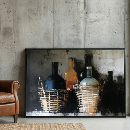 Italian Fiaschi Wine Bottle Oil Painting framed canvas wall art print in a gallery-style display