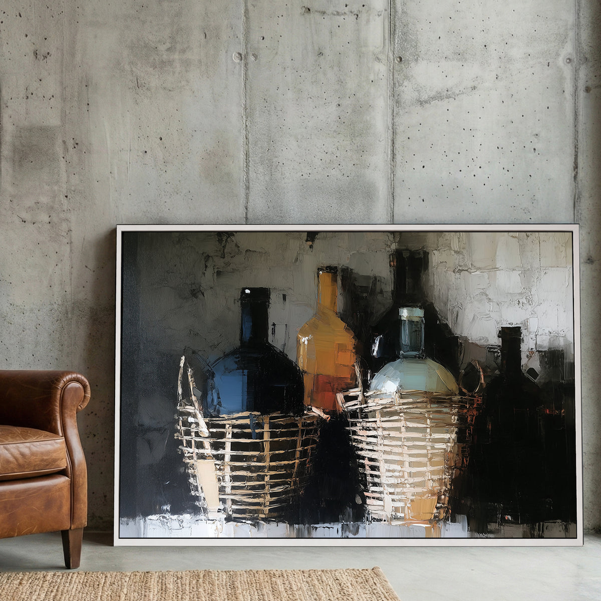 Italian Fiaschi Wine Bottle Oil Painting canvas wall art print displayed in a styled living room
