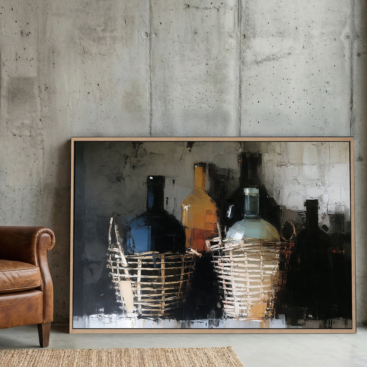 Italian Fiaschi Wine Bottle Oil Painting canvas wall art print displayed in a styled living room