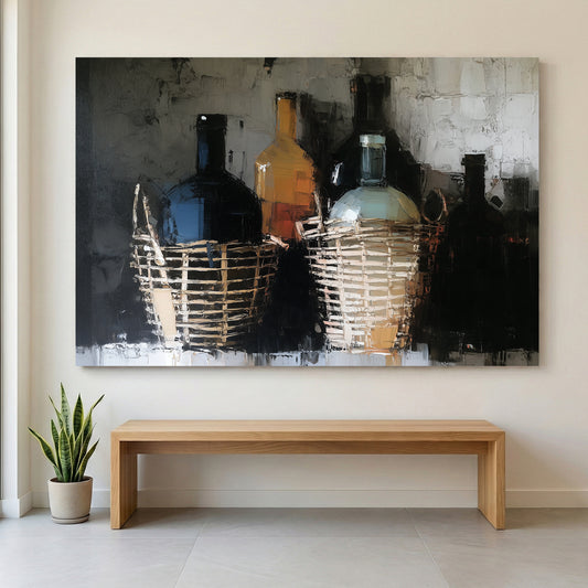 Italian Fiaschi Wine Bottle Oil Painting canvas wall art print displayed in a styled living room