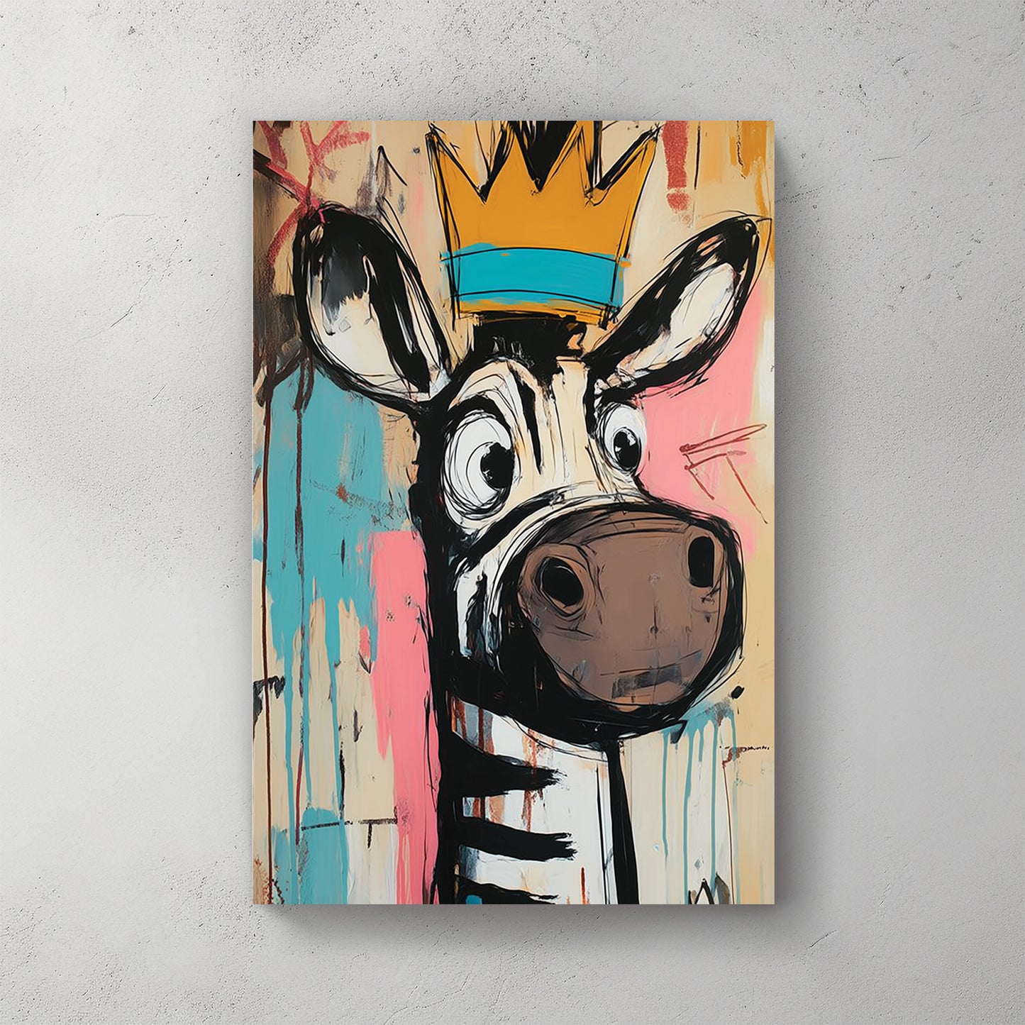 zebra wearing yellow crown, Basquiat style, pink and blue background, neo-expressionist portrait — canvas wall art print