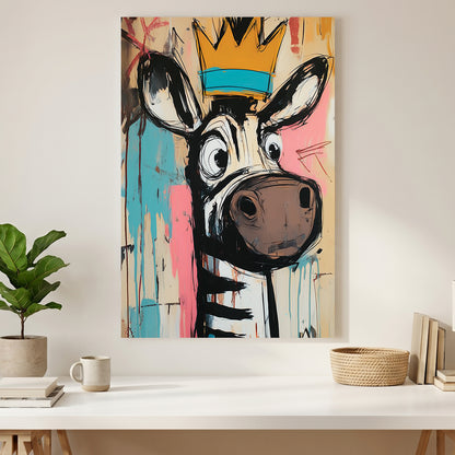 Crowned Zebra Basquiat Style canvas wall art print styled in a modern interior