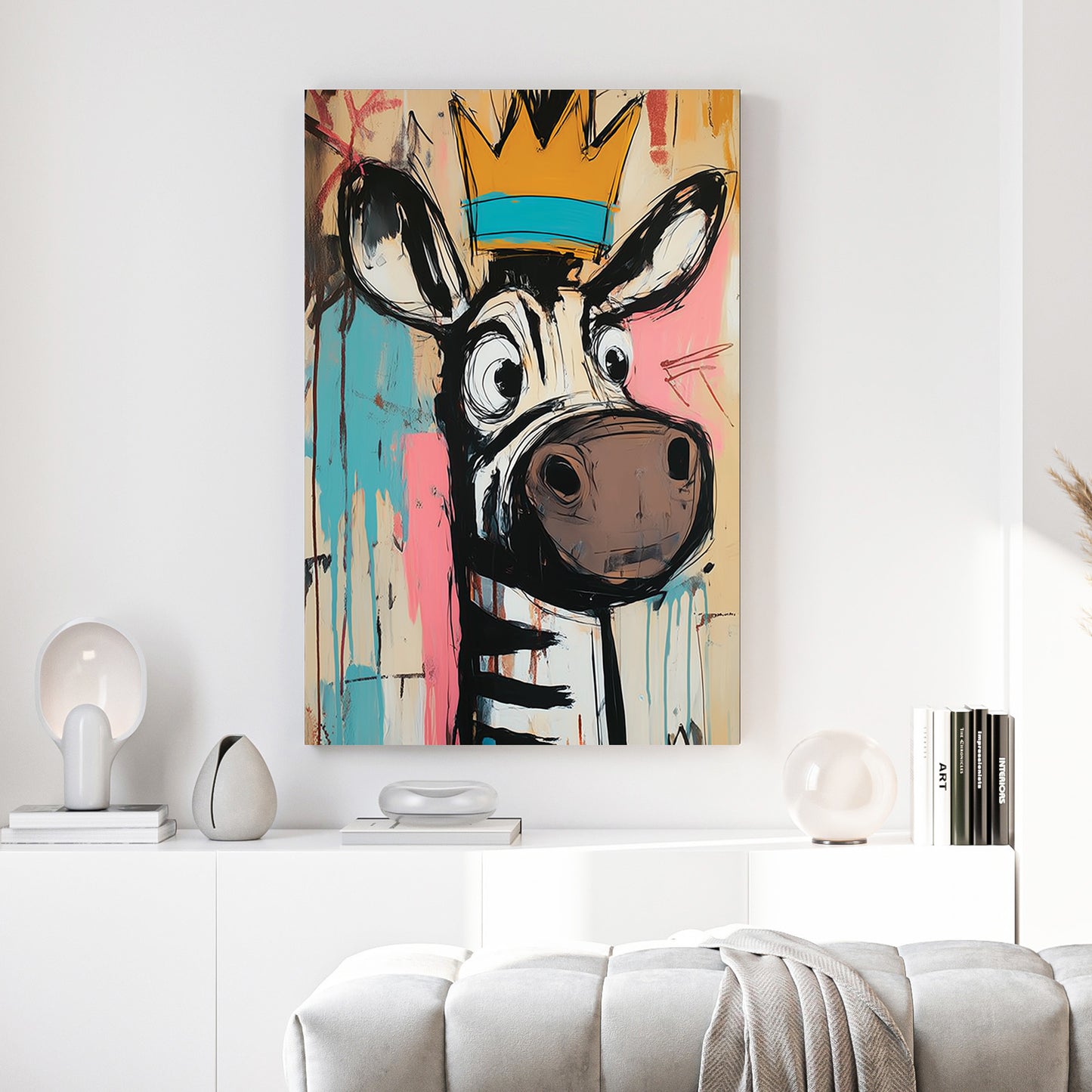 Crowned Zebra Basquiat Style canvas wall art print above a sofa in a contemporary living room