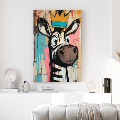 Crowned Zebra Basquiat Style canvas wall art print above a sofa in a contemporary living room