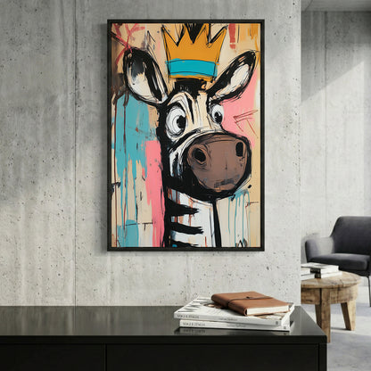 Crowned Zebra Basquiat Style framed canvas wall art print in a gallery-style display