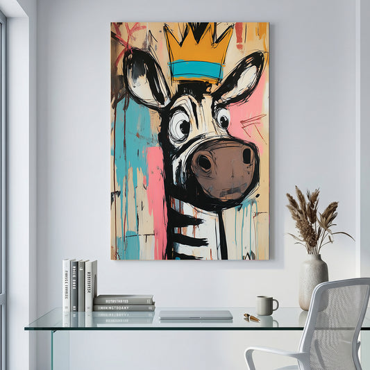 Crowned Zebra Basquiat Style canvas wall art print displayed in a styled living room