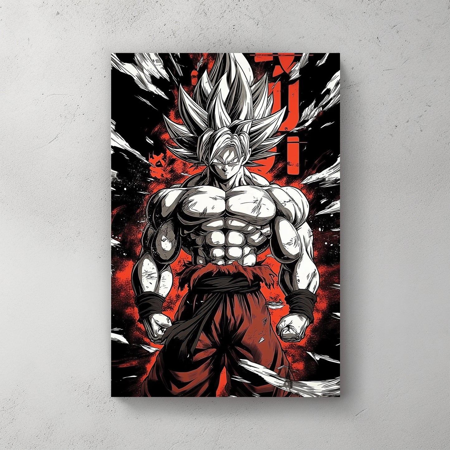 Goku from Dragon Ball Z in Super Saiyan form: spiky silver hair, fists clenched, muscular torso, red and black manga-style background with Japanese kanji running down the side — canvas wall art print