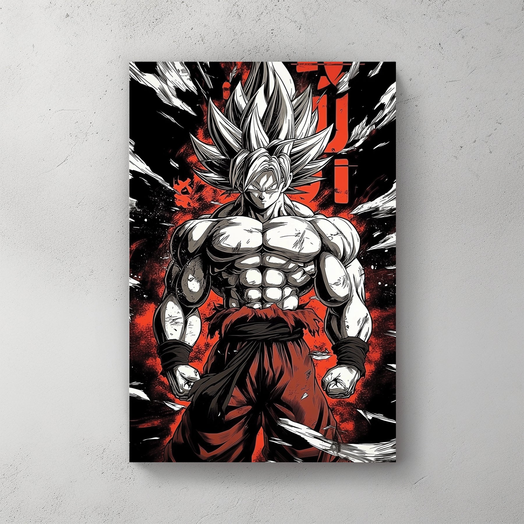 Goku from Dragon Ball Z in Super Saiyan form: spiky silver hair, fists clenched, muscular torso, red and black manga-style background with Japanese kanji running down the side — canvas wall art print