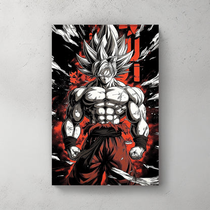 Goku from Dragon Ball Z in Super Saiyan form: spiky silver hair, fists clenched, muscular torso, red and black manga-style background with Japanese kanji running down the side — canvas wall art print