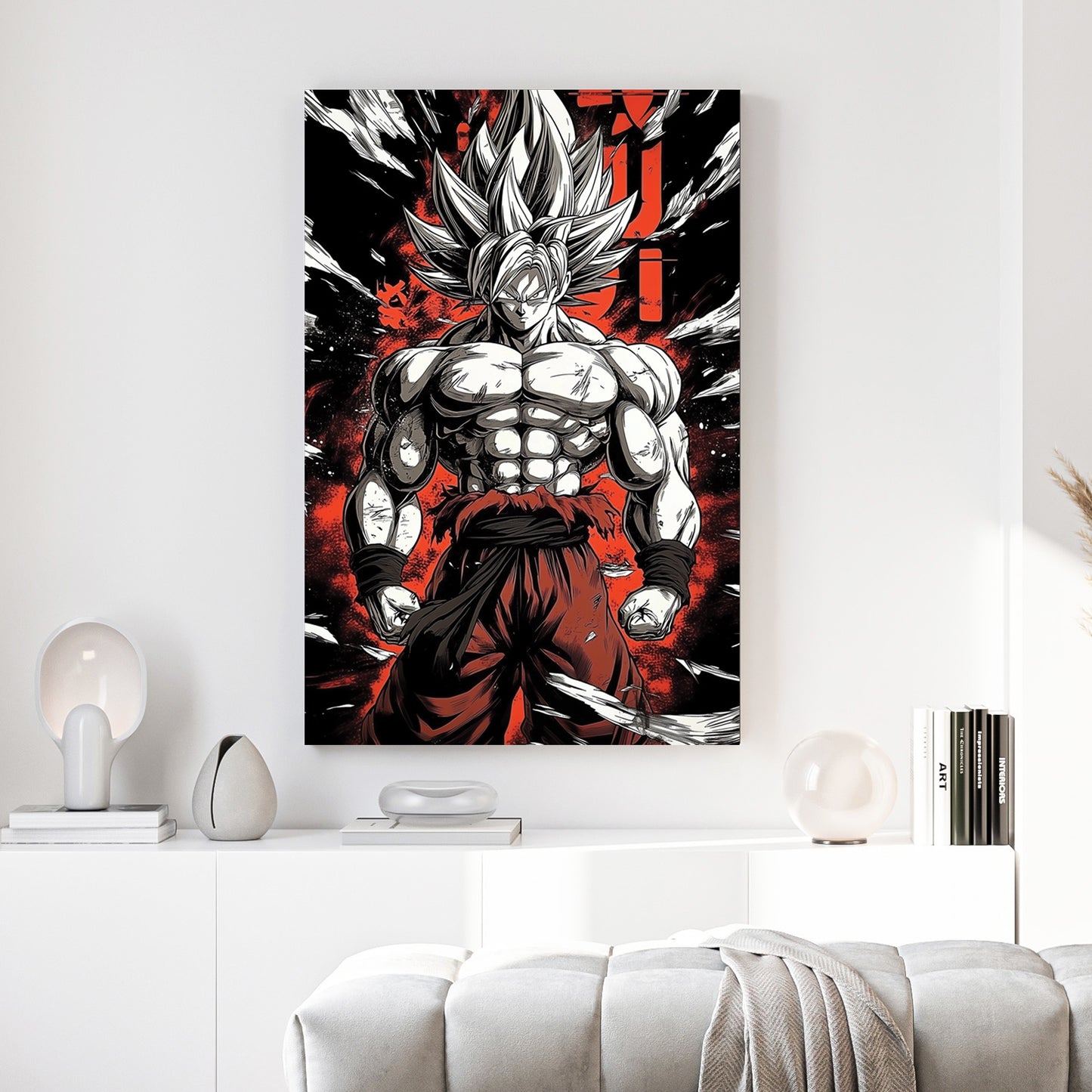 Goku Super Saiyan Dragon Ball Z Anime canvas wall art print above a sofa in a contemporary living room