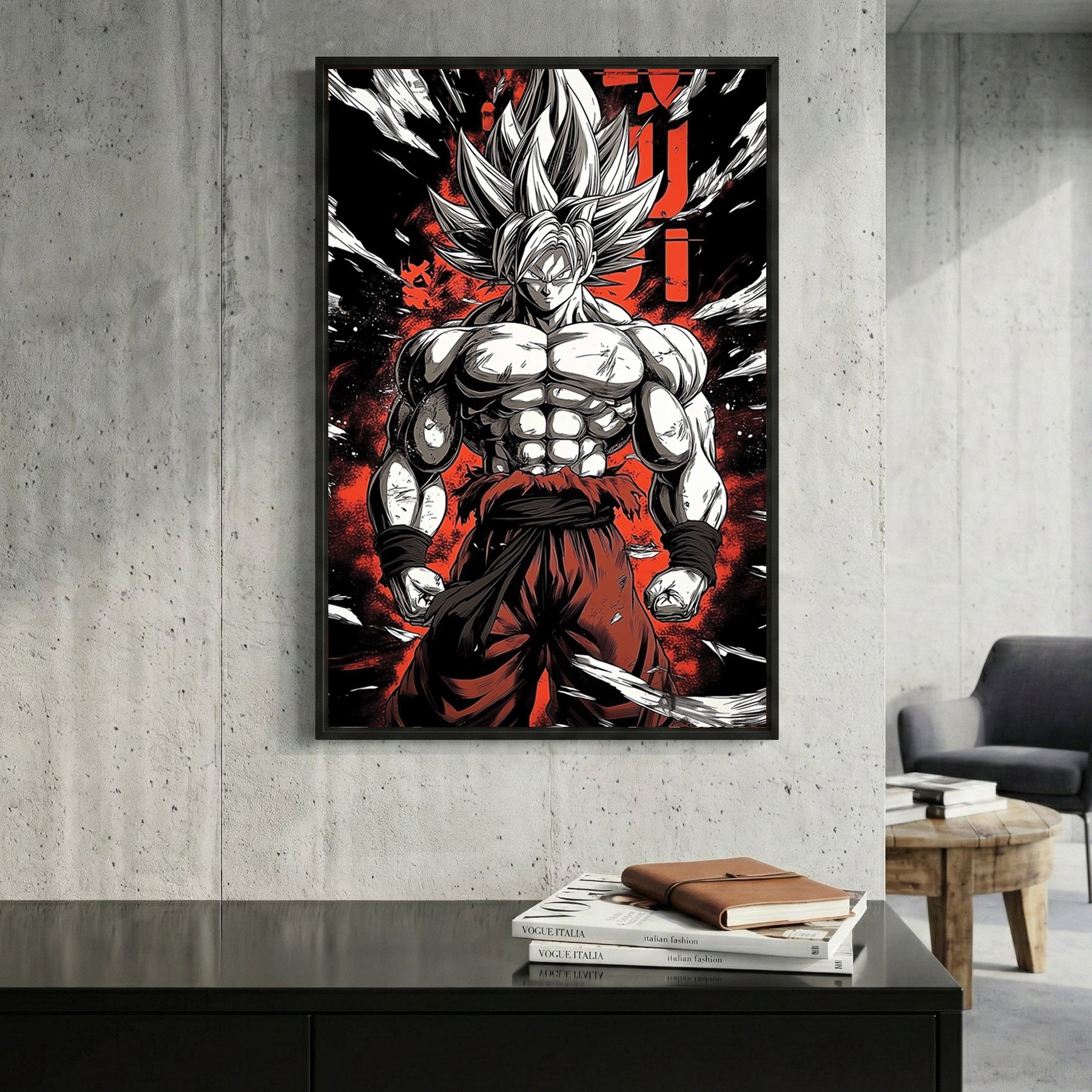 Goku Super Saiyan Dragon Ball Z Anime framed canvas wall art print in a gallery-style display