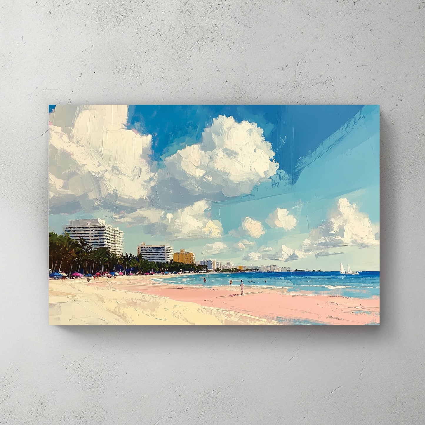 Miami beach; pink sand; palm trees; white hotel buildings; big blue cloudy sky — canvas wall art print