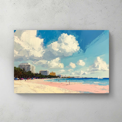 Miami beach; pink sand; palm trees; white hotel buildings; big blue cloudy sky — canvas wall art print