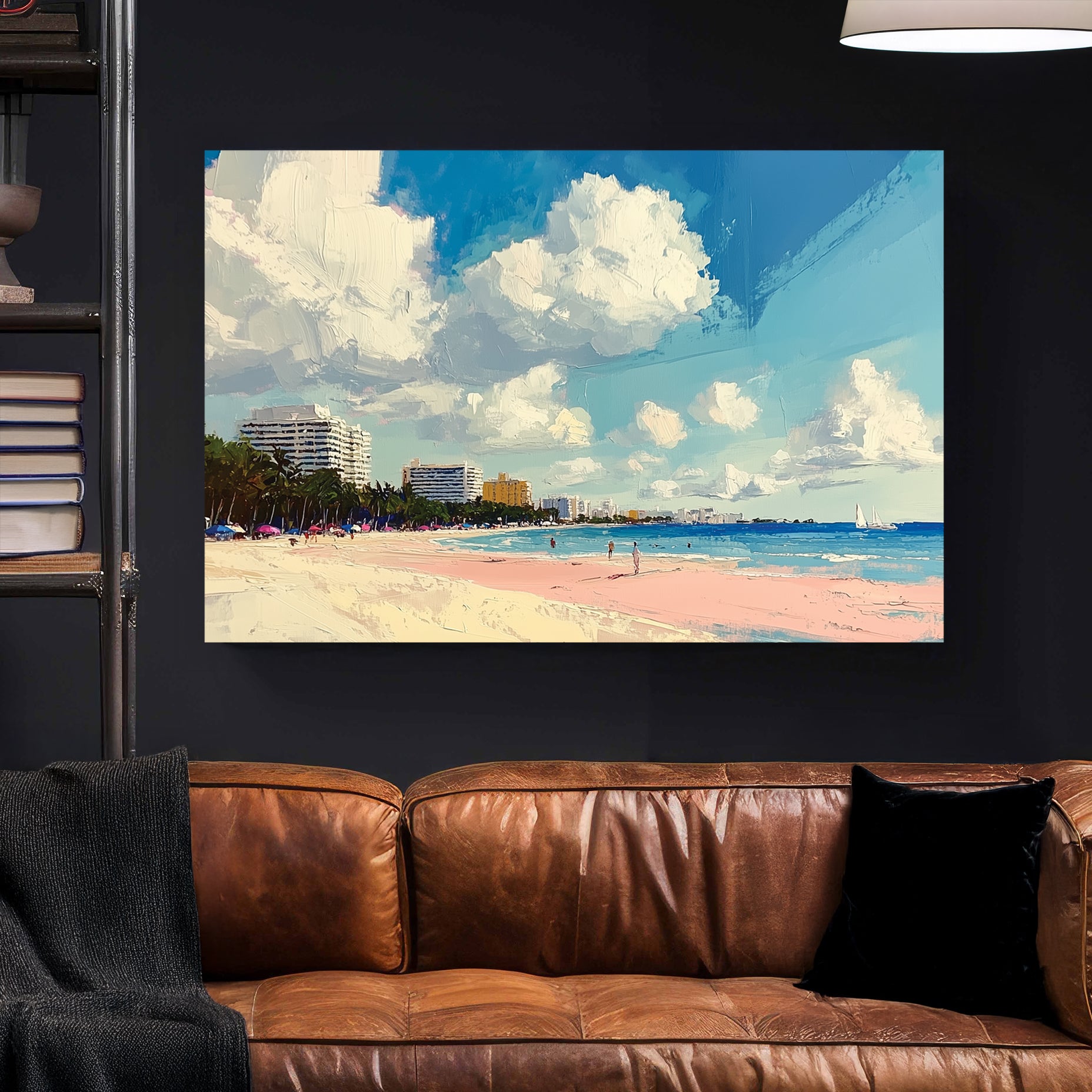 Miami Tropical Beach Palm Trees Coastal Painting canvas wall art print styled in a modern interior