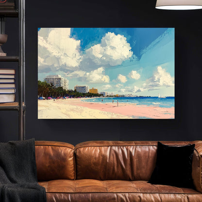 Miami Tropical Beach Palm Trees Coastal Painting canvas wall art print styled in a modern interior